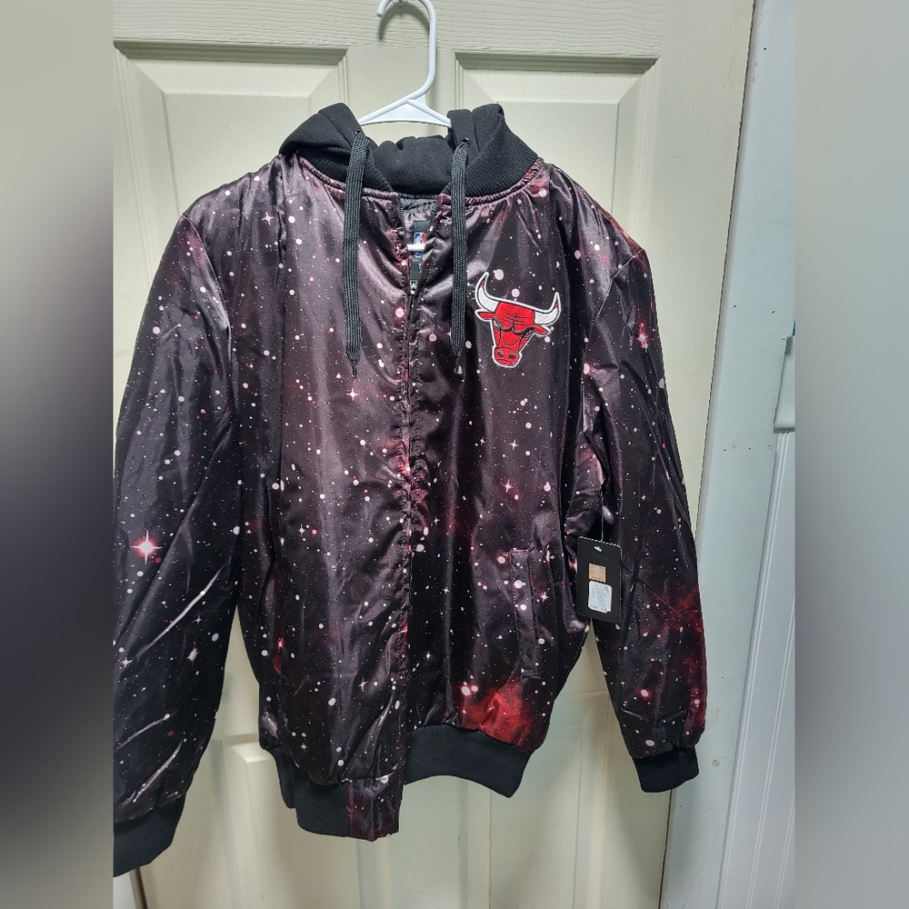 Chicago Bulls Galaxy Print Satin Jacket - NBA Official Licensed Hoodie Jacket Me